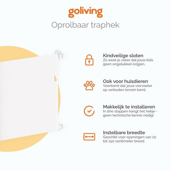 Goliving Oprolbaar Traphekje - Veiligheidshekje - Kinderhekje - Push & Turn - 10 tot 150 cm Breed - Aluminium frame - Mesh - Wit