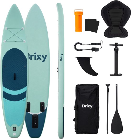 Brixy 2-in-1 SUP Board - met Zitje - Opblaasbaar Paddle Board - Complete Set - 335 cm - Max. 175 kg - Mintgroen/Blauw