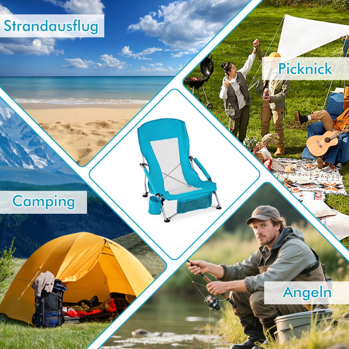 Coast Opvouwbare Strandstoel - ademend netstof - met armleuningen en bekerhouder - blauw