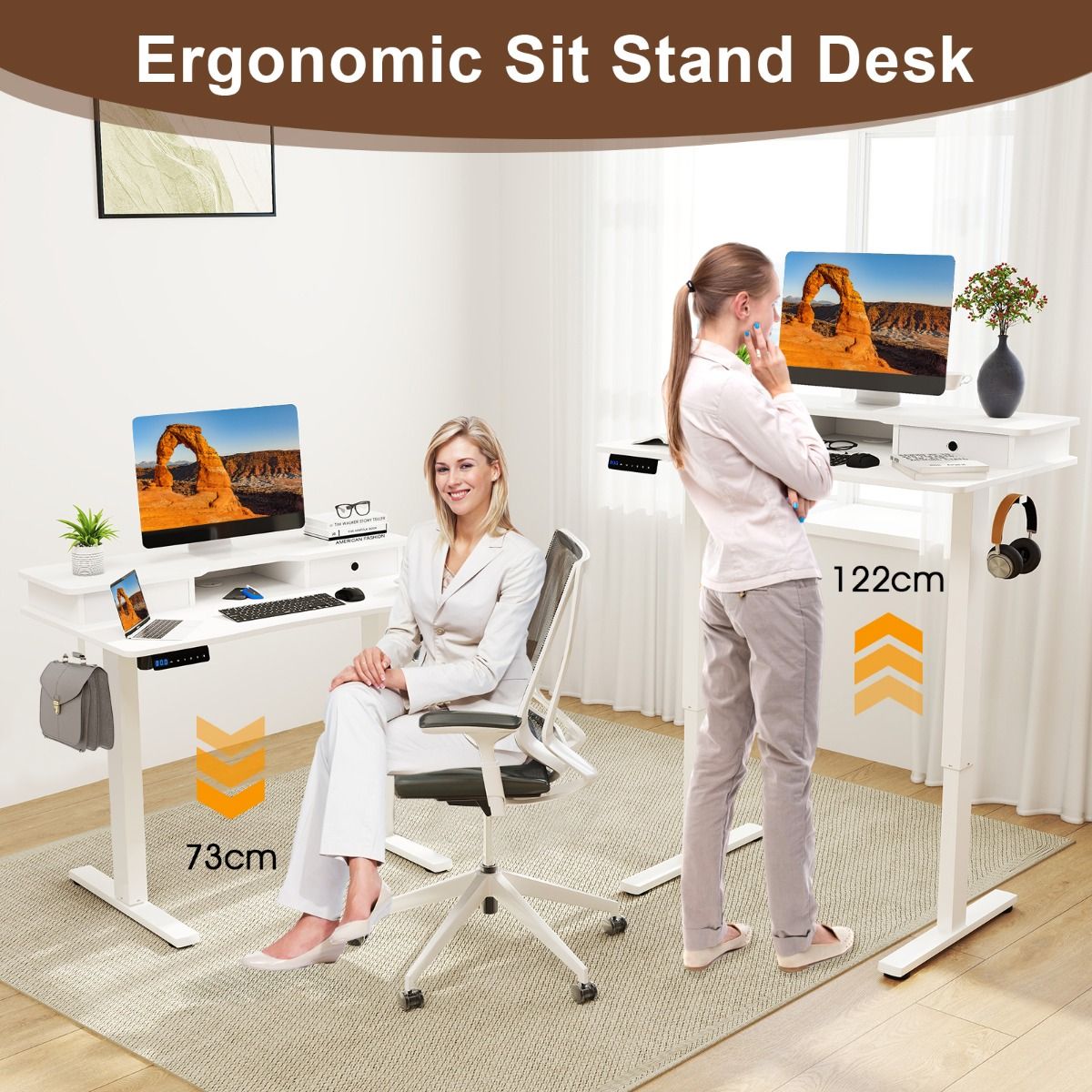 Coast Elektrisch Zit-Stabureau - In hoogte verstelbaar - Met monitorstandaard en lades - Wit 100 x 60 cm