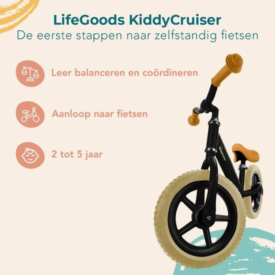 LifeGoods KiddyCruiser Loopfiets - 2 jaar - Jongens en Meisjes - Balance Bike - Zwart
