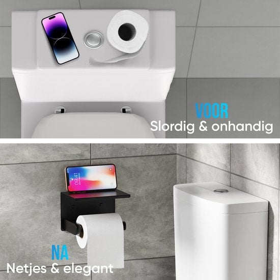 Strex WC Rolhouder met Plankje - Zwart - Zelfklevend / Boren / Zonder Boren - Toiletrolhouder - WC Papier Houder