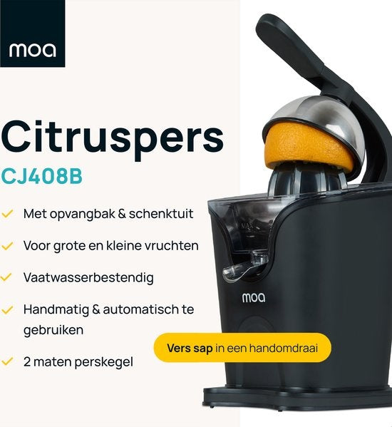 MOA Citruspers - Citrusjuicer - Elektrische Sinaasappelpers - Citroenpers - 2 Perskegels - Zwart - CJ408B
