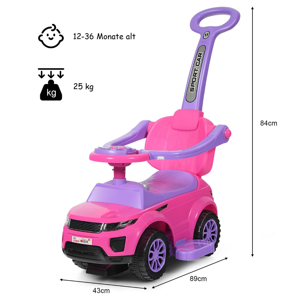 coast 3-in-1 Loopauto - 89×43×84 cm - Roze - Duwauto - Loopwagen