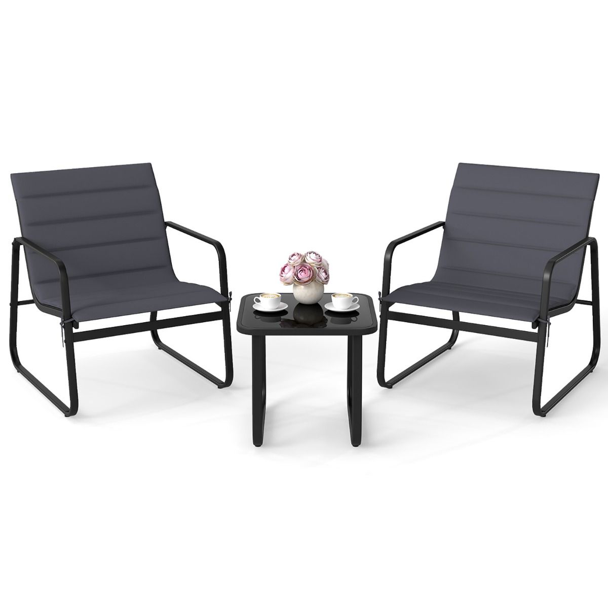 Coast 3-delige tuinset - buitenstoelen met afneembare kussens - bijzettafel met gehard glas - grijs en zwart