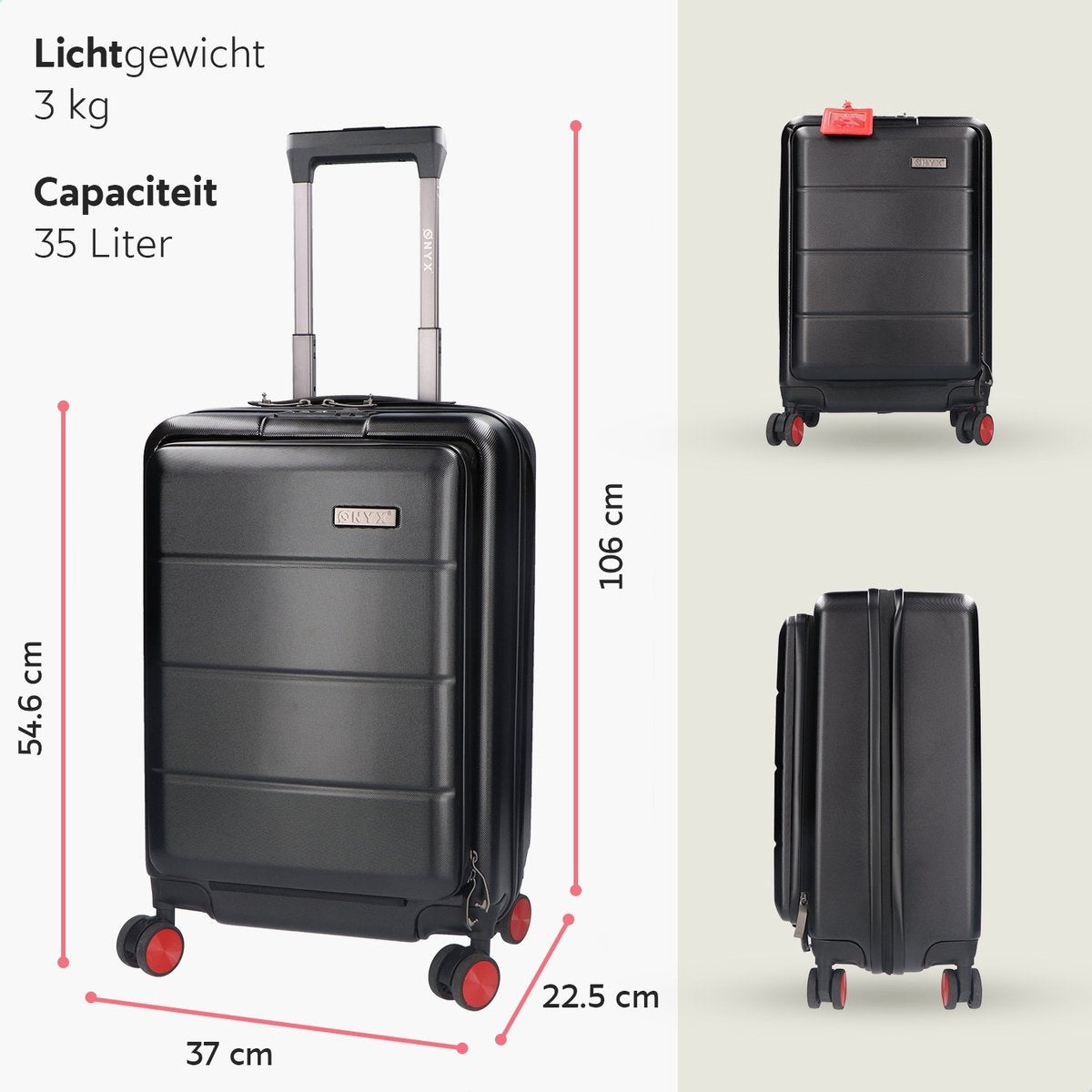 ONYX Handbagage Koffer 35 L - Spinner wielen - Lichtgewicht Trolley - Dubbel TSA Slot - Handig voorvak - 55 cm - Zwart