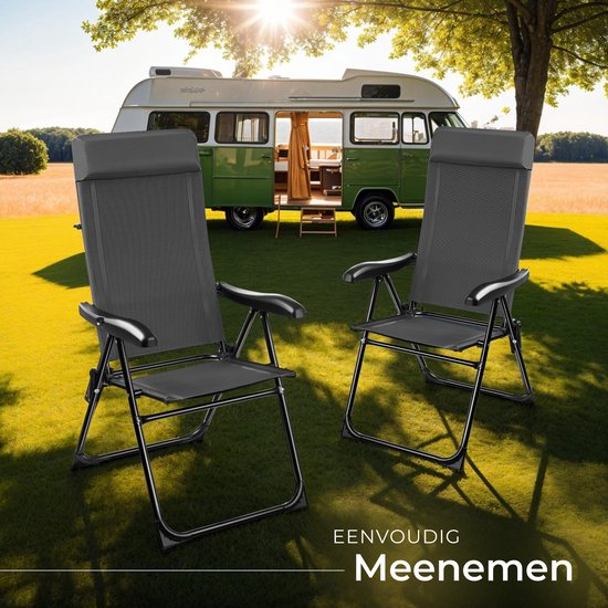 tectake® Campingstoel - Inklapbaar - 7-voudig verstelbare rugleuning - Tuinstoel - Relaxstoel met ligstand - Staal met aluminium frame - Set van 2 - Antraciet