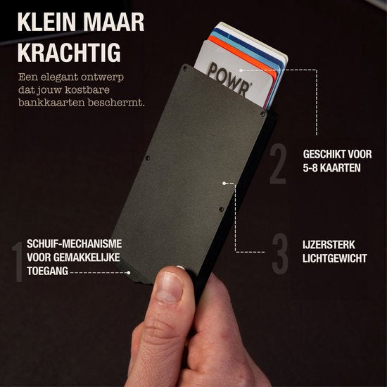 POWR Pasjeshouder Mannen Grijs - Beschermhoes Bankpas met Anti Diefstal - RFID Technologie - 5 Creditcards of 8 Visitekaartjes - Kaarten Uitschuifbaar - Aluminium - Met Geldvak Moneyclip - Kaartenhouder