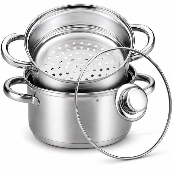 Aviro Stoompan - Glazen Deksel - 3,1L - 20 CM - Inductie En Gas - 3-Delige Rijst- En Groentestomer - RVS