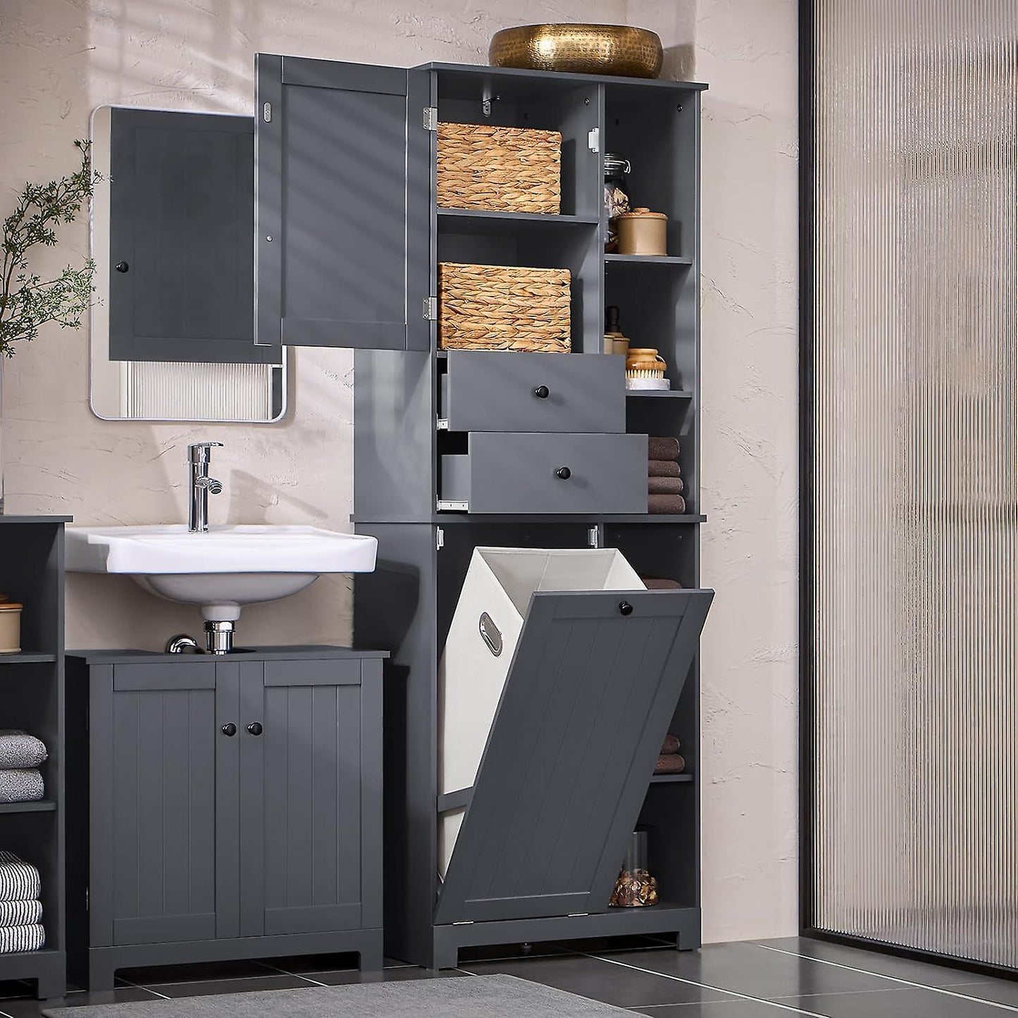 Sobuy Badkamer Kast met Wasmand - Zwart - 60x37x170 cm