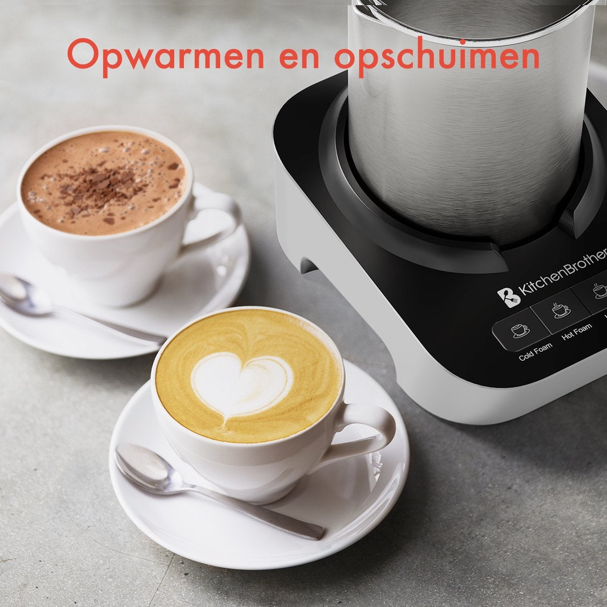 KitchenBrothers - Elektrische melkopschuimer - Vaatwasmachinebestendig - 4-in-1 - 400 ML - Roestvrij staal/zwart