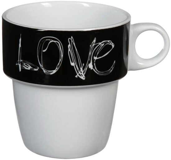 Secret de Gourmet Koffie mokken/bekers Love - 6x stuks in metalen rekje - Keramiek - glans afwerking - 260 ml - 8 x 9 cm
