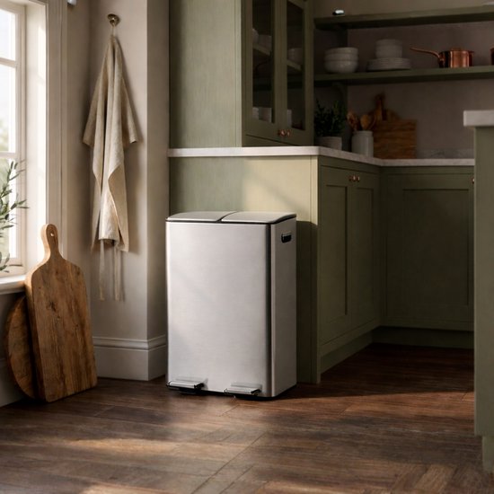 Bayt Prullenbak - Prullenbak 60 Liter (2x30) - Vuilnisbak 60 Liter - Pedaalemmer 60 Liter - Prullenbak Afvalscheiding - Prullenbak 2 Vakken - Afvalbak - RVS - Zilver