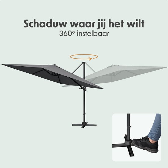 LifeGoods Zweefparasol - 294x294 cm - Kantelbaar - 6 Standen - Waterdicht - met Hoes - Antraciet