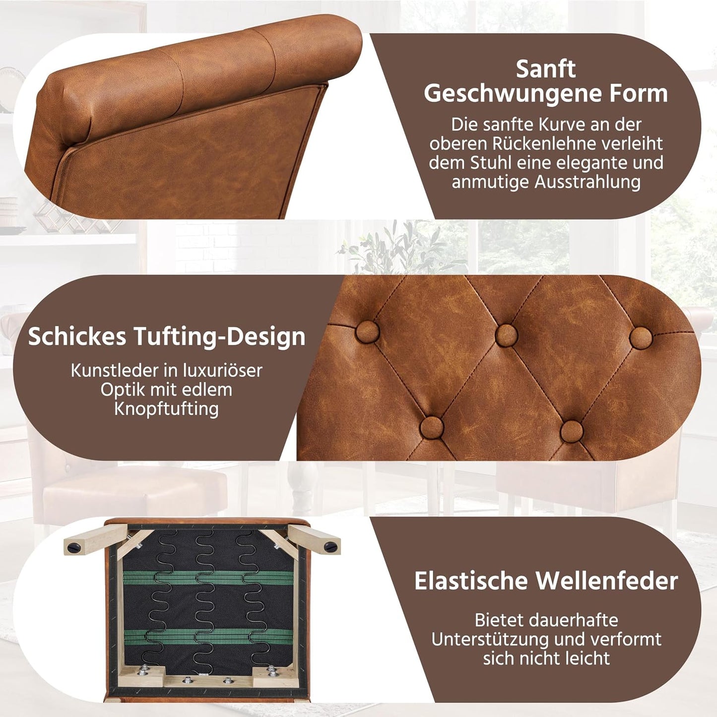 Yaheetech Eetkamerstoelen Set van 2 – Gestoffeerde Keukenstoelen met Hoge Rugleuning – 62 x 45,5 x 98,5 cm – Bruin