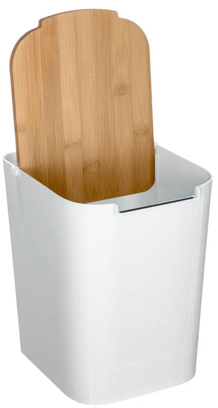 5Five prullenbak/vuilnisbak - 5 liter - bamboe - wit/lichtbruin - 24 x 19 cm - badkamer afvalbak