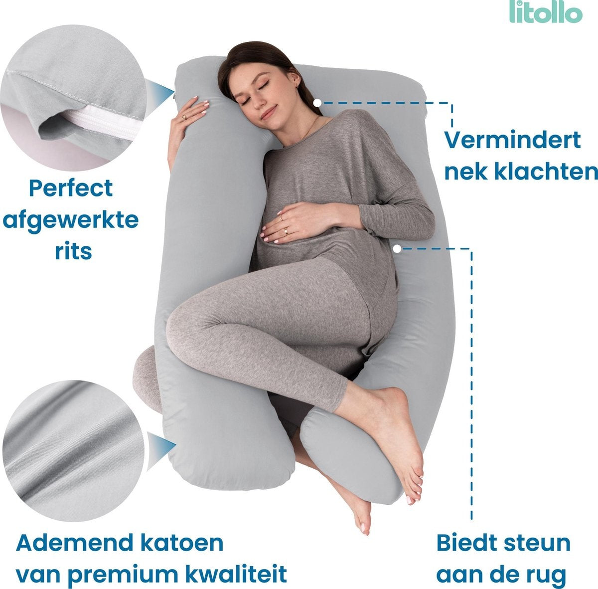 Litollo® Zwangerschapskussen XXL - Voedingskussen - Lichaamskussen - Body pillow - 280cm - Grijs - Met gratis extra afneembare hoes (t.w.v. €29,95)