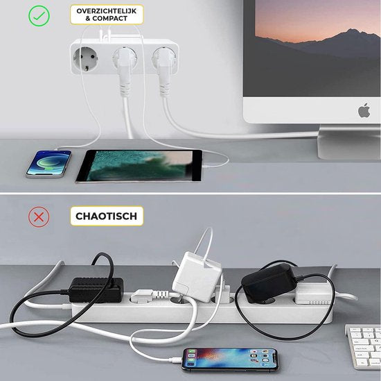 MostEssential Premium 5-in-1 Verdeelstekker - Stopcontact Splitter - 3 Stopcontacten & 2 USB-Poorten - Horizontaal - Wit