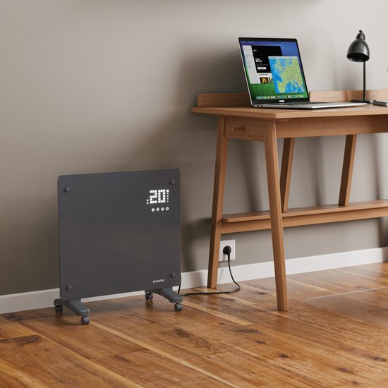 Auronic Elektrische Kachel – Convectorkachel met Thermostaat en Afstandsbediening - Glazen Paneelverwarming - 1000W Heater - Grijs