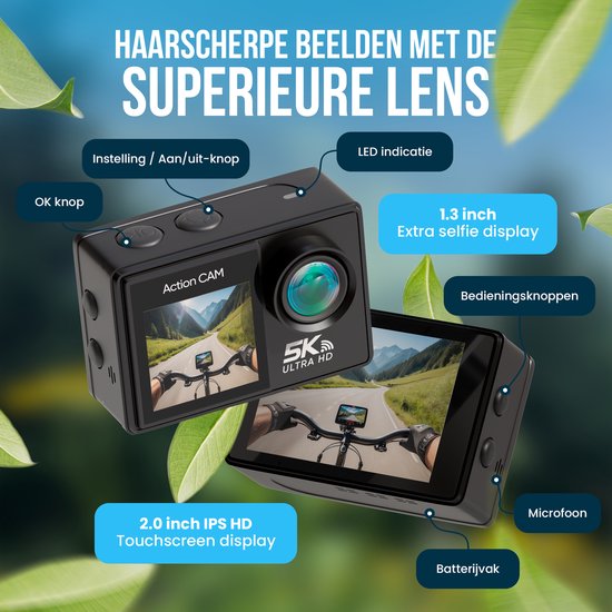 Strex Action Camera 5K 50MP WiFi - Onderwatercamera 30M Waterdicht - Met Touchscreen en Microfoon - Inclusief Accessoires - Actie Camera 60FPS