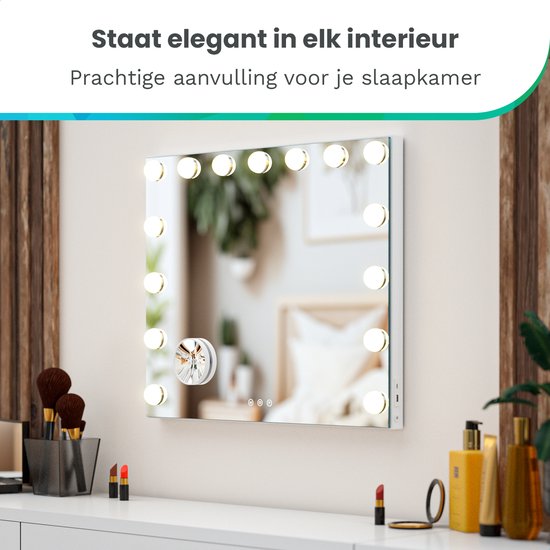 Mirlux Hollywood Spiegel 58x48CM – Bluetooth Spiegel met 2 Luidsprekers – Make Up Spiegel met Verlichting – 15x LED Lampen – 3 Lichtstanden – 10x Vergroting – Hollywood Spiegel met USB & USB-C – Luxe Witte Make-Up Spiegel voor Kaptafel of Badkamer
