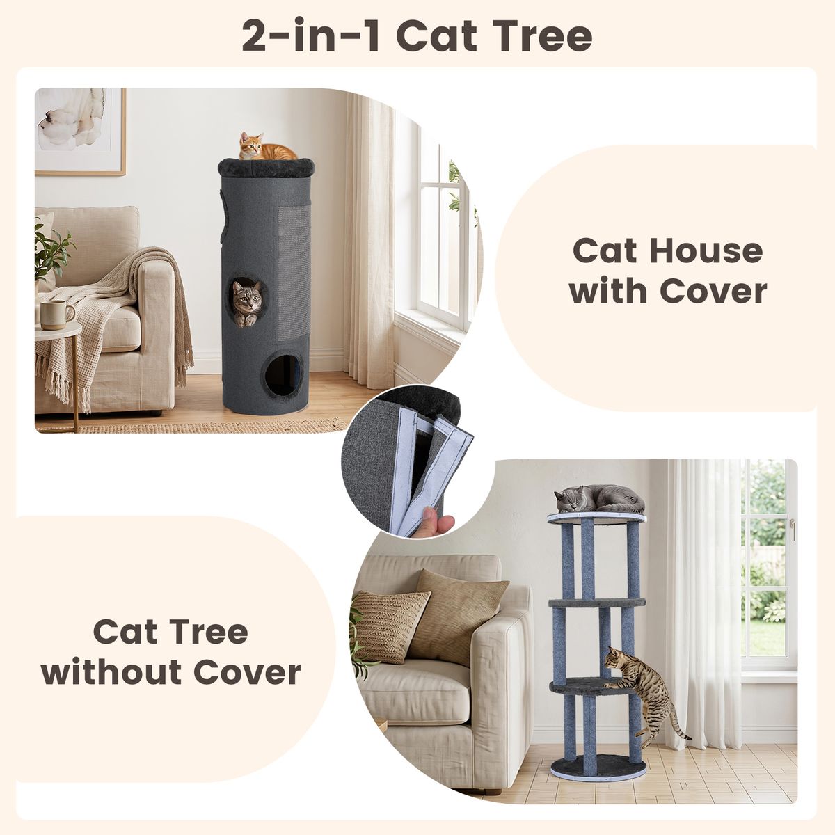Coast Vierlaags Kattenhuis - tonvormig kattenmeubel - met sisal krabplank en pluchen bed - donkergrijs 43 x 43 x 113 cm