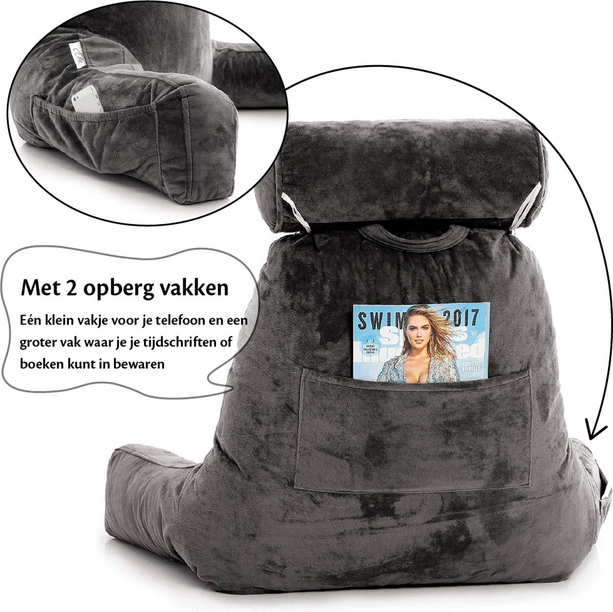 EL-Life Leeskussen met Nekrol - Relax Kussen - Zitkussen - Onderrug Ondersteuning - Fluweel Antraciet