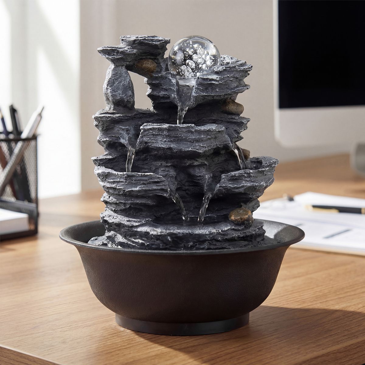 Coast Tafelwaterfontein - Waterval met rotslook - LED-verlichting - Zwart - 21,5 x 26 cm