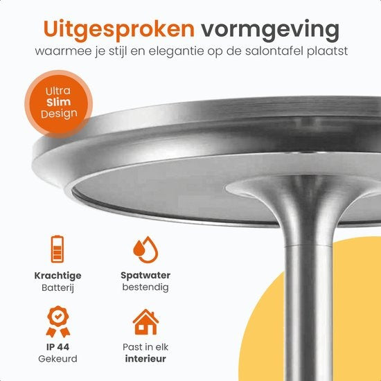 Goliving Tafellamp Oplaadbaar – Draadloos en dimbaar – Moderne touch lamp – Nachtlamp Slaapkamer – Spatwaterbestendig – 27 cm – Zilver