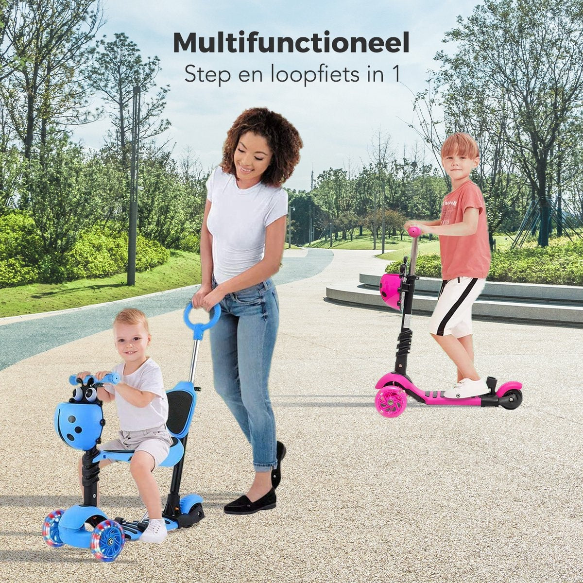 LifeGoods MultiRider - Kinderstep met Duwstang - 3 tot 8 Jaar - Jongens/Meisjes - 2 Lichtgevende Wielen - Blauw