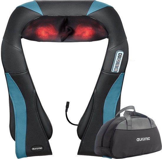 Auronic Shiatsu Massagekussen - Elektrisch Nekmassage Apparaat - Massage Apparaten - Nek en Schouder - Infrarood - Inclusief Draagtas - Zwart/Blauw
