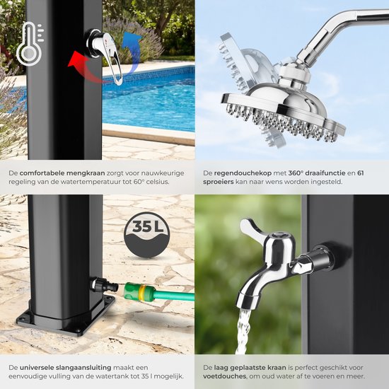tectake® Buitendouche - Solar - 35L - Warm Water tot 60°C - Met Beschermhoes en Zeepbakje - Tuinslangaansluiting - Tuindouche met grote verstelbare douchekop en voetkraan - Zonnedouche - Campingdouche op Zonneenergie - Zwart