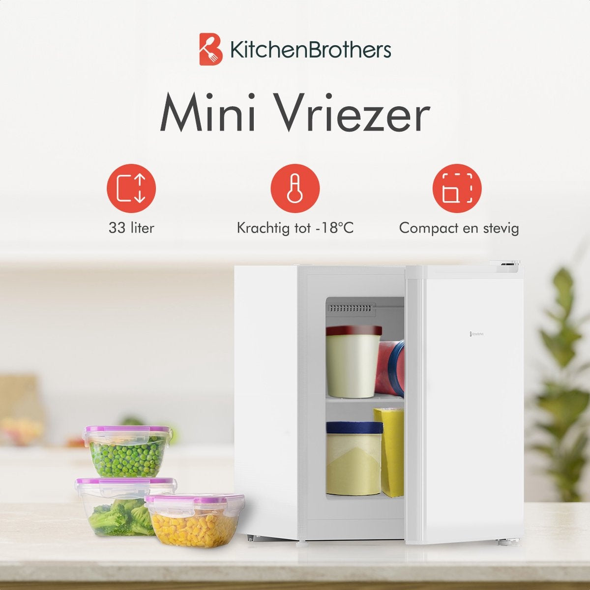 KitchenBrothers Mini Vriezer - 33L - Kleine Diepvries - Vrijstaand - Compact - Wit