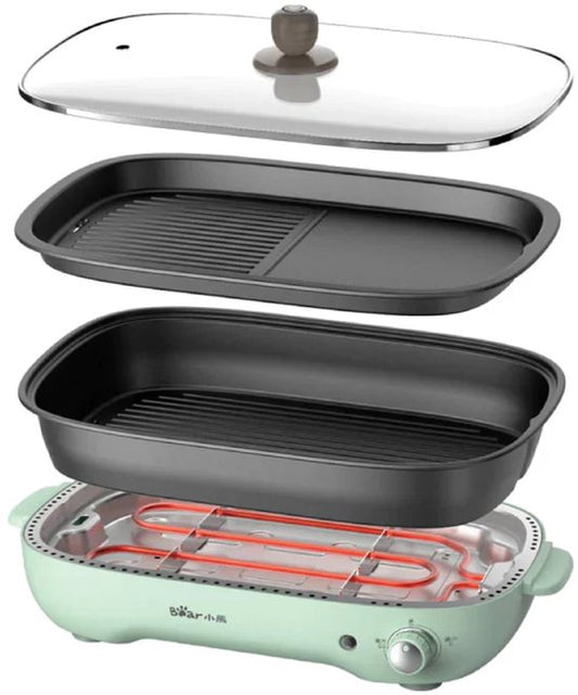 Bear Elektrische BBQ Grill & Hot Pot 2-in-1 – 4L – 1200-1400W – Vrij Instelbare Temperatuur (0–230°C) – Afneembare Grillplaat & Pan