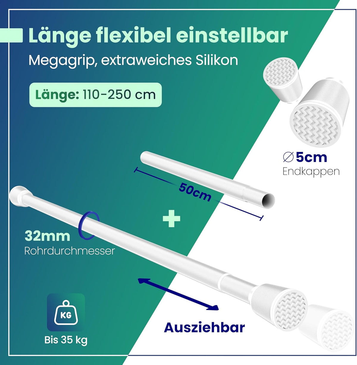 LOBUX® - Gordijnstang zonder boren [wit, 110-250cm] - telescopische stang gordijn uitschuifbaar - douchestang zonder boren - gordijnstang, douchegordijnstang, kledingstang, klemstang kattennet