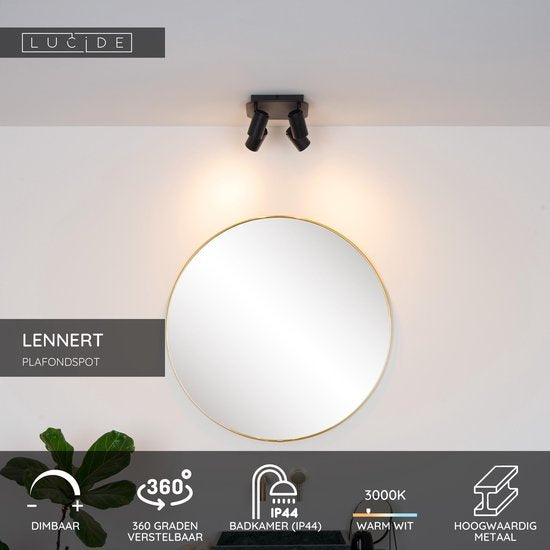 Lucide LENNERT - Plafondspot (Plafondlamp) Badkamer - LED Dimbaar - GU10 - 4x5W 3000K - IP44 - Zwart