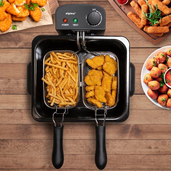 alpina Frituurpan Dubbel 5 Liter - Friteuse met Instelbare Thermostaat - Frituur met 3 Uitneembare Manden - Frietpan 2000W - 27,5 x 21,5 x 30,5 cm - RVS