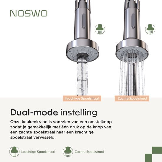Noswo Spoelkraan – Uittrekbar & Dubbele Straal – 43 x Ø5 cm – Chroom