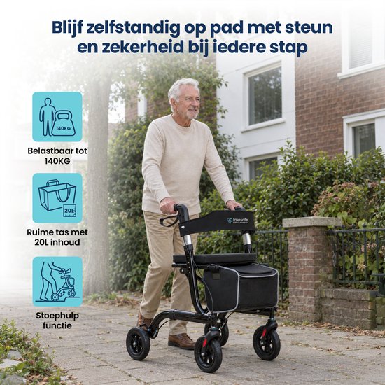 TrueSafe Rollator lichtgewicht en opvouwbaar (6,9 kg) - Voor binnen en buiten - Incl. ergonomisch zitkussen, verlichting, rugleuning, wandelstokhouder en meer - Zwart