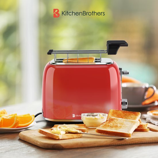 KitchenBrothers Broodrooster met Tostiklemmen - Toaster - 6 Warmteniveaus - Brede Sleuven - Broodrooster - 870W - Rood