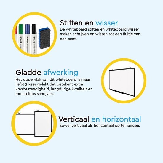 BRASQ Whiteboard 60x90 cm magnetisch – met accessoires set (markers, wisser, magneten) - Schoolbord - Magneetbord – zwart