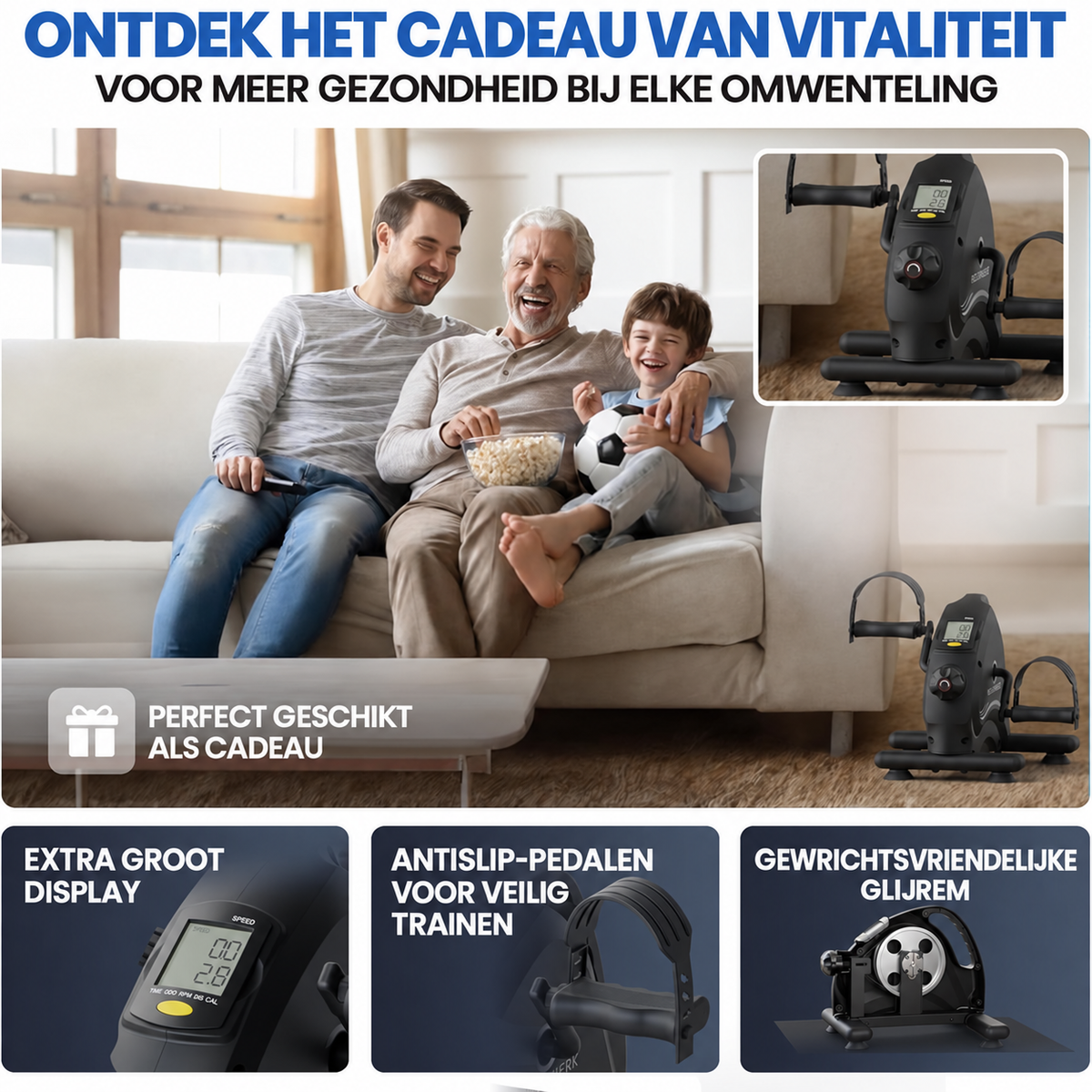 Heldenwerk Stoelfiets - Pedaaltrainer - Compact  - 44x40x30cm - Zwart - Incl. Antislip mat & Calorie teller