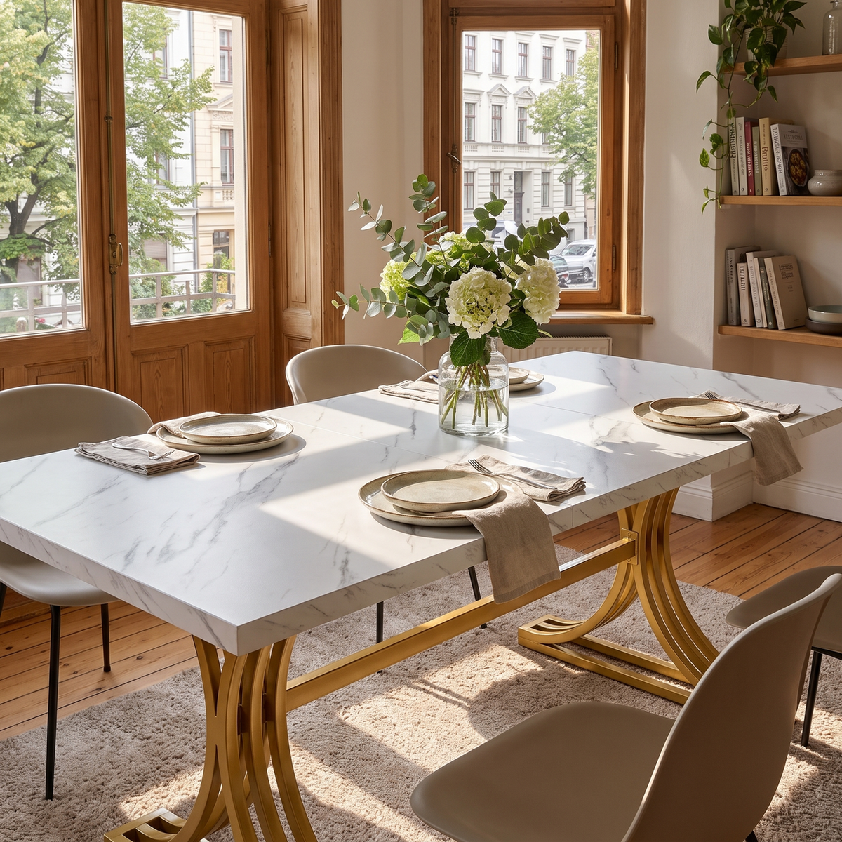Lantine Vergadertafel 160 x 80 cm - Voor 4-6 Personen - Wit Kunstmarmer en Goud - Moderne Metalen Poten
