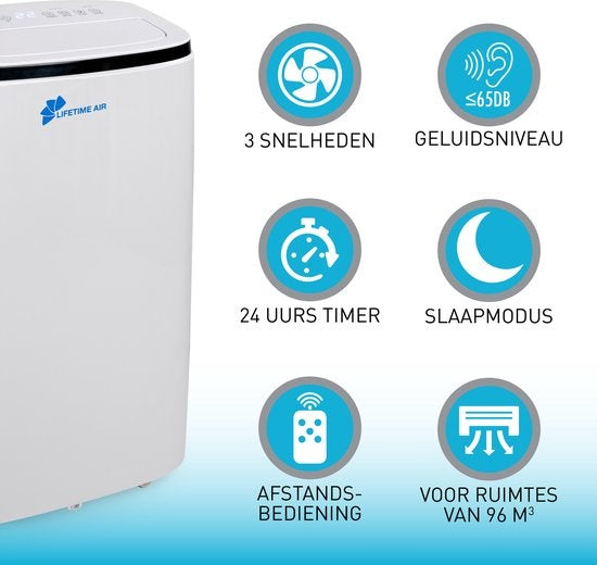 Lifetime Airco - 3 in 1 - Met Afvoerslang - 65dB - tot 96m2 - Afstandsbediening - Wit - 47x 38.2x75.2 cm