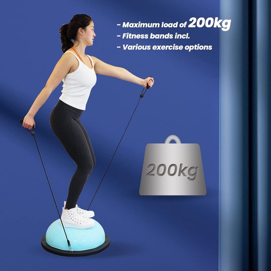 DH FitLife Balansbal, yoga balanstrainer, diameter van 60 x 22 cm, tot 200 kg belastbaar, halve gymnastiekbal, fitness balansboard, evenwichtsboard met pomp en 2 fitnessbanden