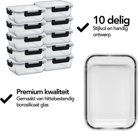 Aviro Vershoudbakjes Glas - 10 Stuks - Meal Prep Bakjes - Vriezer, Magnetron & Oven Bestendig - BPA Vrij - Luchtdicht - 1L