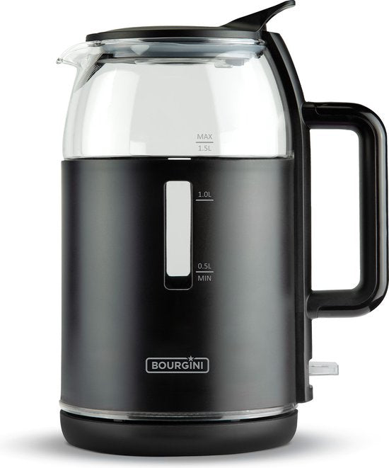 Bourgini Glazen Waterkoker - Mat Zwart - Snoerloos te gebruiken - Gemakkelijk vullen door deksel - ruime 1.5L inhoud - BPA vrij