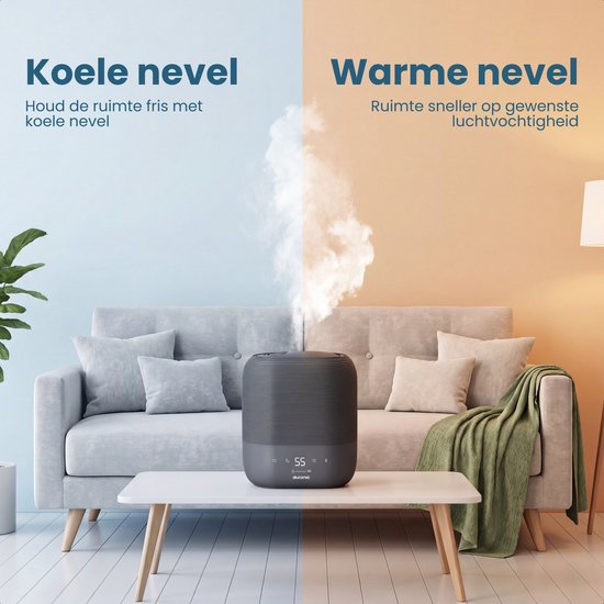Auronic Luchtbevochtiger - 5L - Geschikt voor Slaapkamer, Babykamer, Kantoor, Woonkamer en Meer - Humidifier - BPA-Vrij - Antraciet