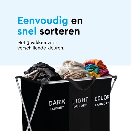 BRASQ Wasmand Opvouwbaar 3 vakken - Wassorteerder 65x39x60 cm - Wasbox Zwart - 118 Liter - Basket