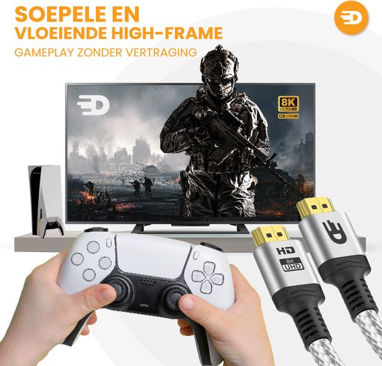 HDMI Kabel 2.1 - Ultra HD High Speed - HDMI naar HDMI - Geschikt voor Xbox Series X & PS5 - 1 meter - Nylon - Zilver Wit